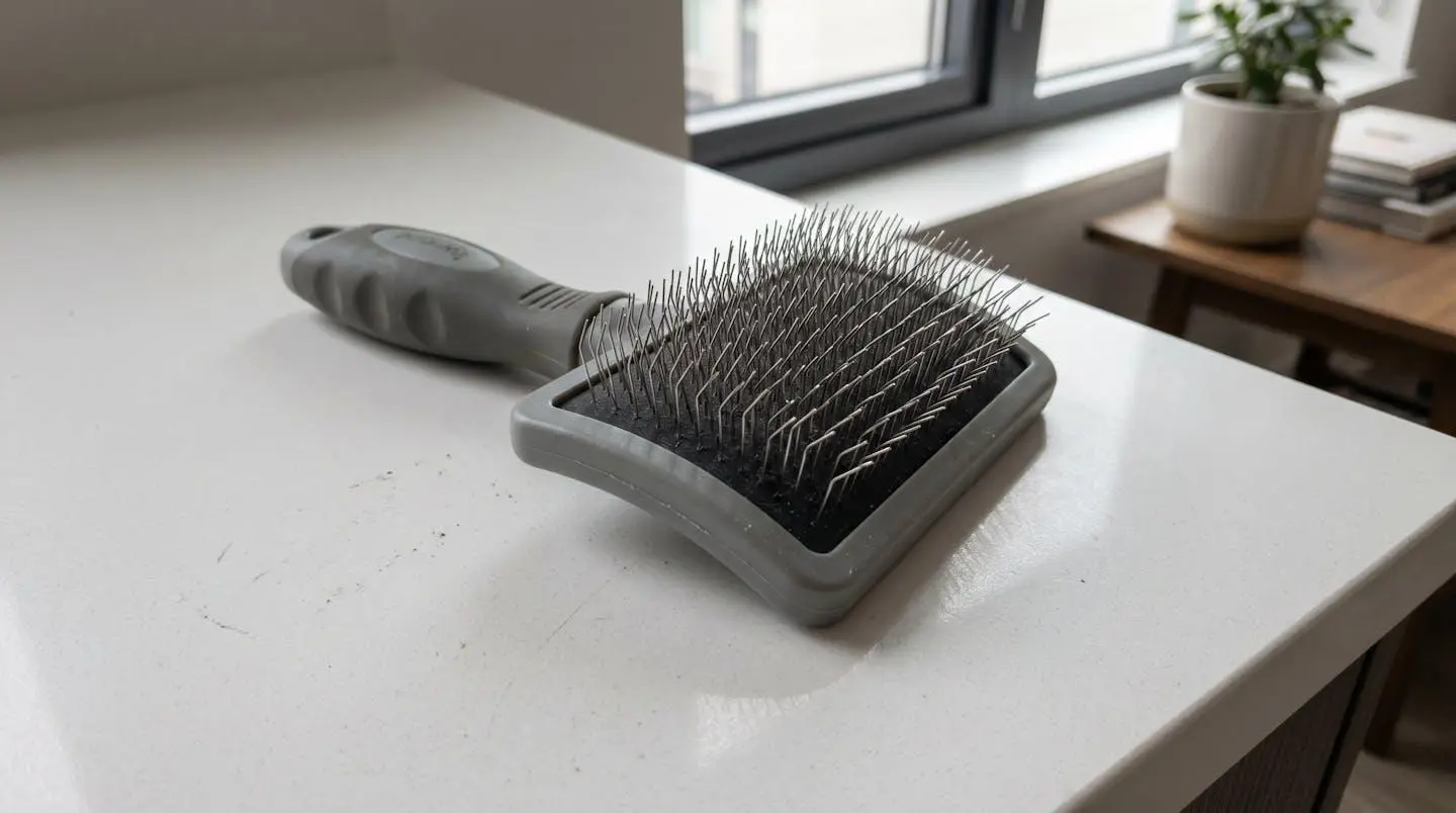 Brosse démêloir professionnelle à picots métalliques fins posée en diagonale sur une surface blanche épurée