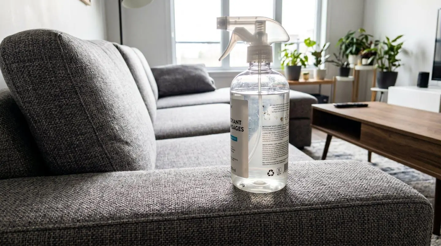 Flacon spray transparent posé en équilibre sur l'accoudoir rembourré d'un canapé en tissu moderne gris clair