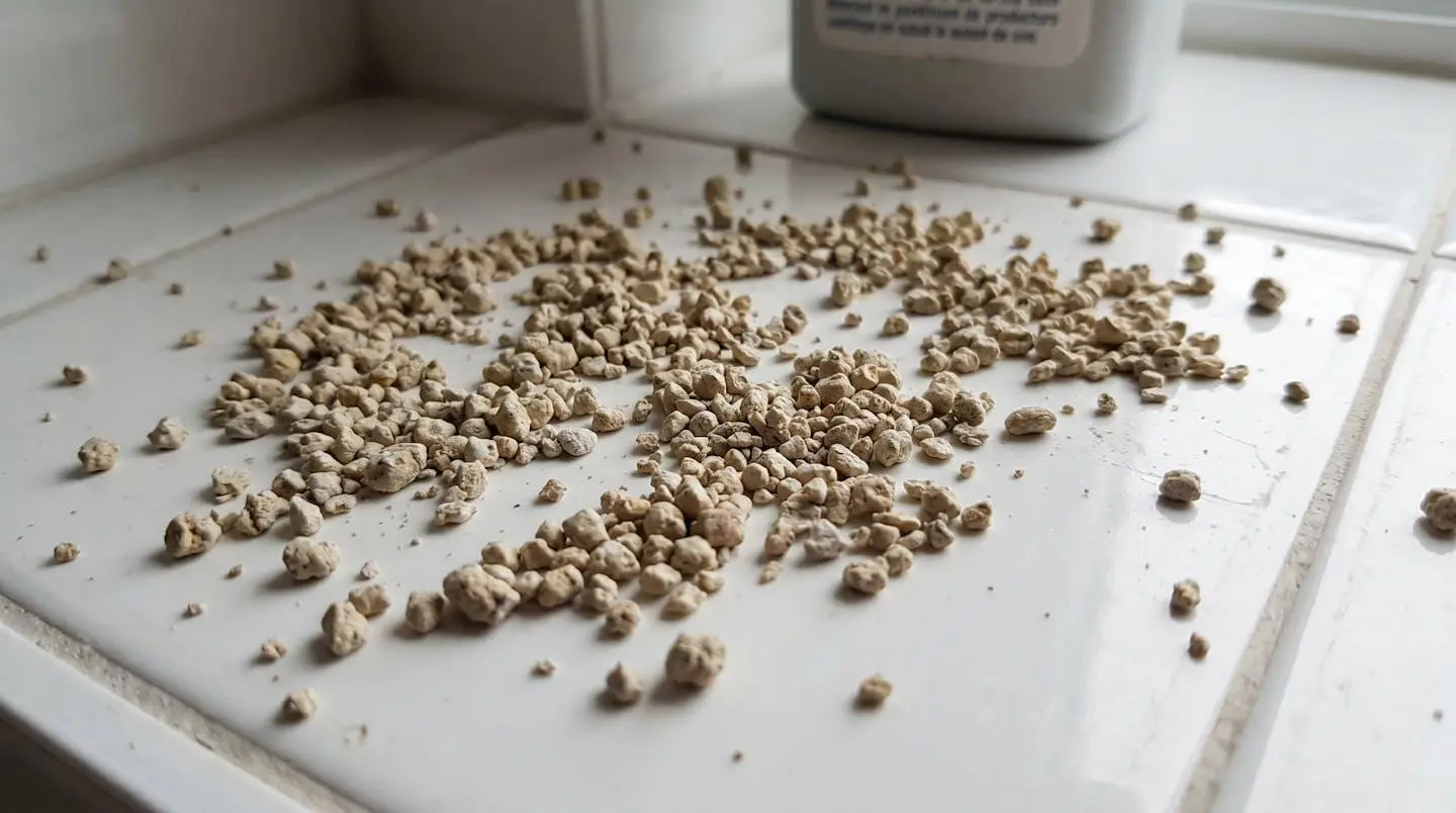 Gros plan de granulés de litière agglomérante beige sur une surface en céramique blanche moderne