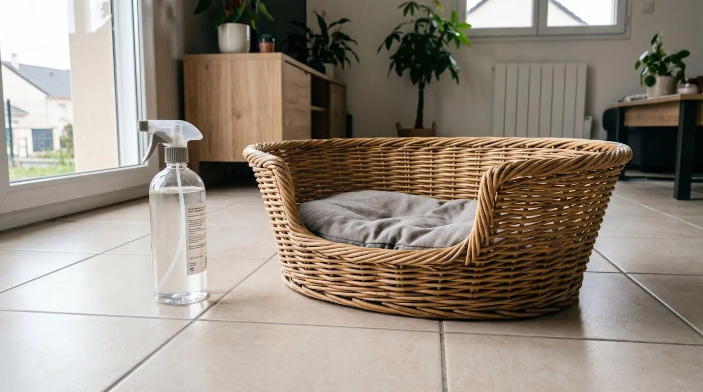 Panier pour chat vide et propre avec flacon spray désinfectant posé à proximité immédiate sur un sol carrelé clair