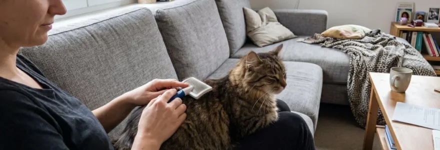 Propriétaire brossant délicatement son chat tigré à poils mi-longs installé sur un canapé contemporain